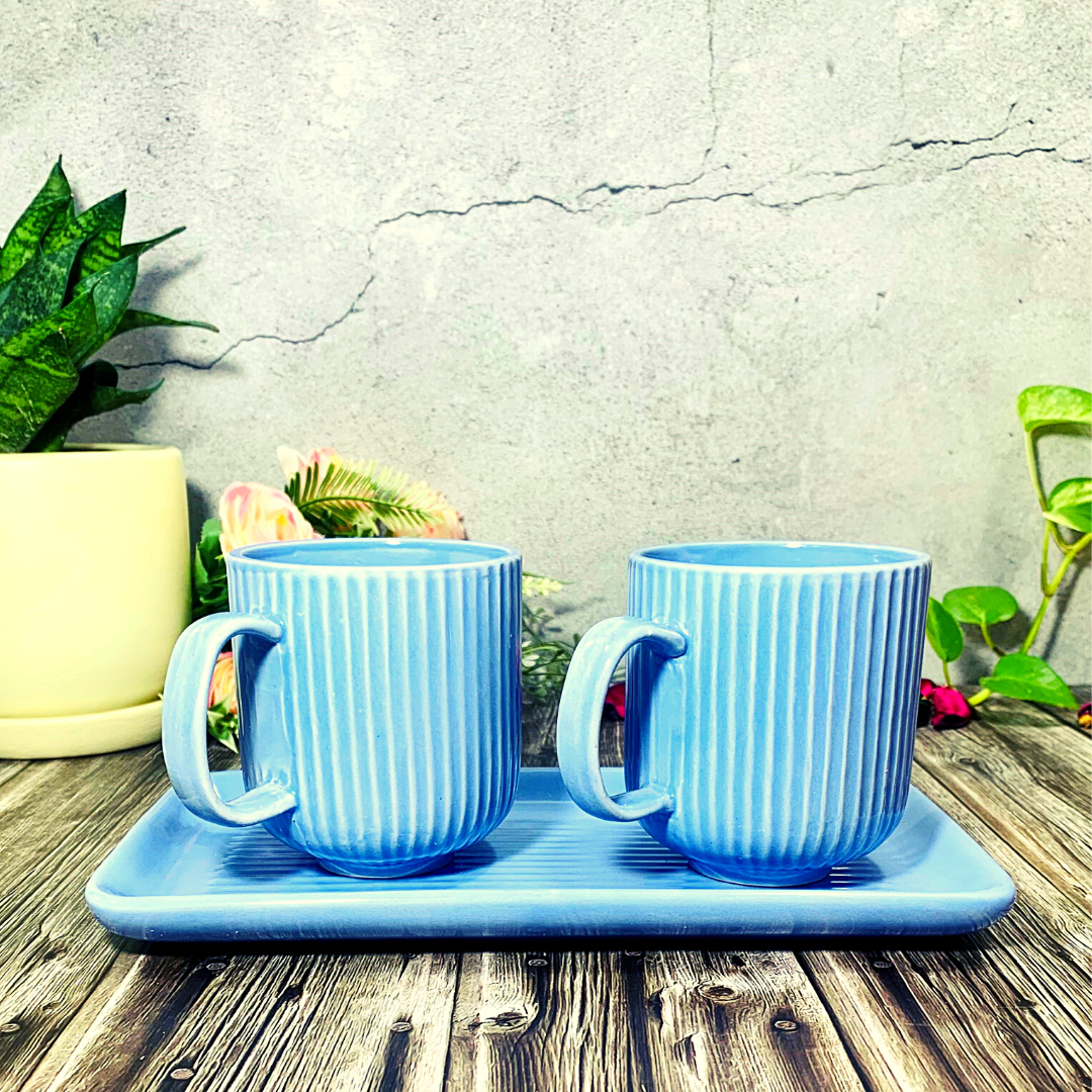 Homefrills Premium Stoneware Handmade Striped Design Ceramic Tea Cups & Milk/Coffee Mugs Along with Tray Microwave Dishwasher Safe - Pack of 3 (2 Cups and 1 Tray) Blue, 300ml